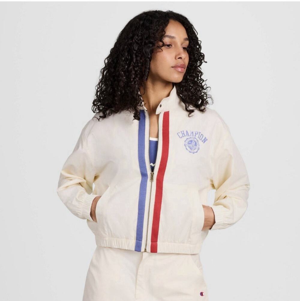 Champion Jacket Womens S Cream Cotton Windbreaker Full Zip University Logo